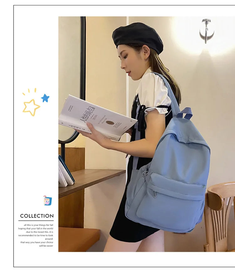 Women Schoolbag Waterproof Large Capacity School Backpack Smooth Zipper Solid Color Teens Girl Casual Daypack Bag Student Supply