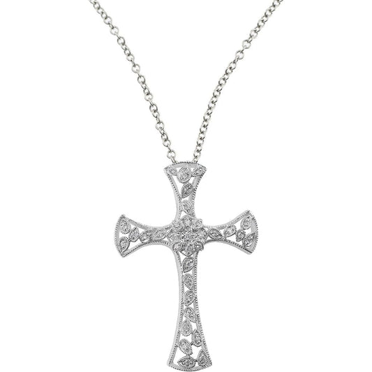 18k White Gold Filigree Diamond Cross