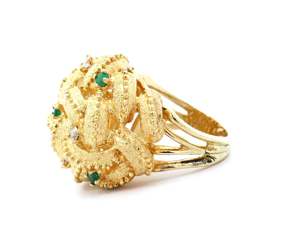 0.16ctw Emerald and 0.30ctw Diamond Woven Cocktail Ring in 14K