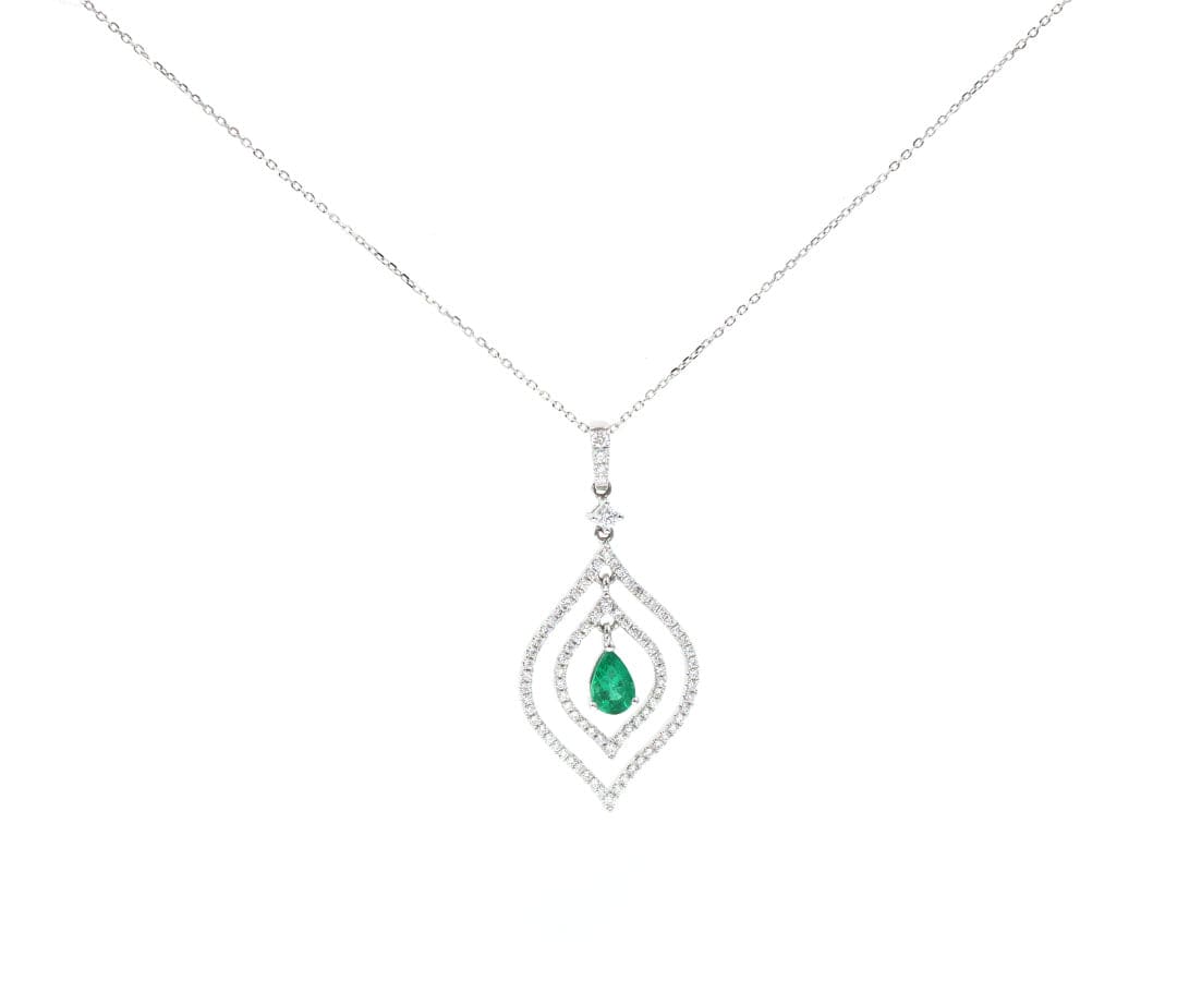 0.40ct Pear Cut Emerald and 0.80ctw Diamond Pendant Necklace in 14K