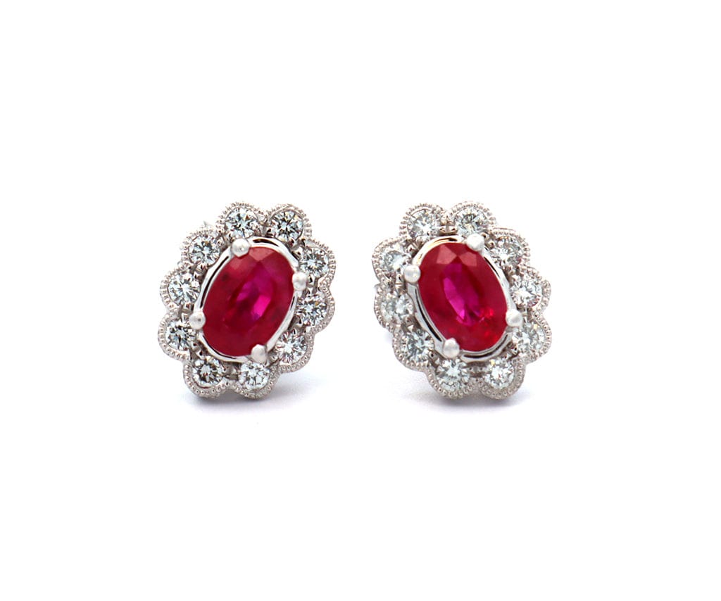 1.20ctw Ruby and 0.50ctw Diamond Frame Milgrain Stud Earrings in 14K