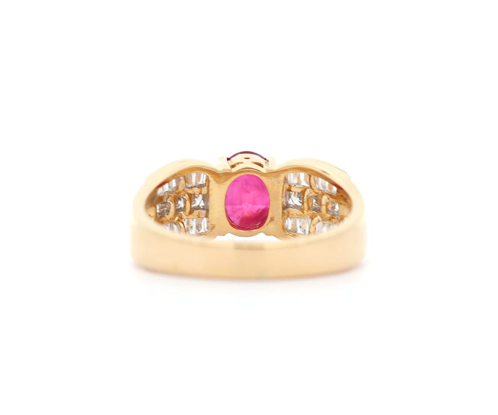 1.39ct Oval Ruby and 0.55ctw Diamond Triple Row Shank Ring in 18K