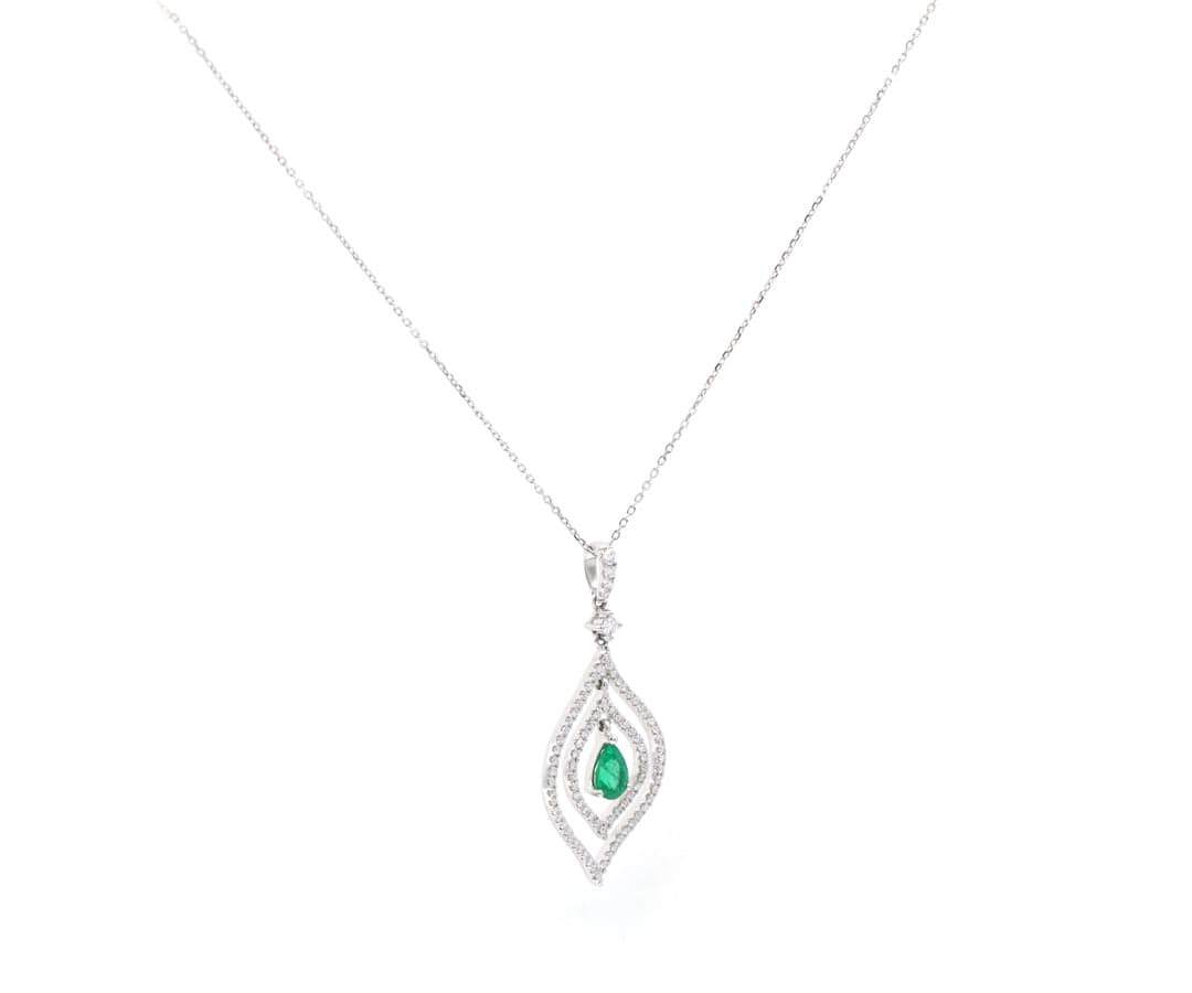 0.40ct Pear Cut Emerald and 0.80ctw Diamond Pendant Necklace in 14K