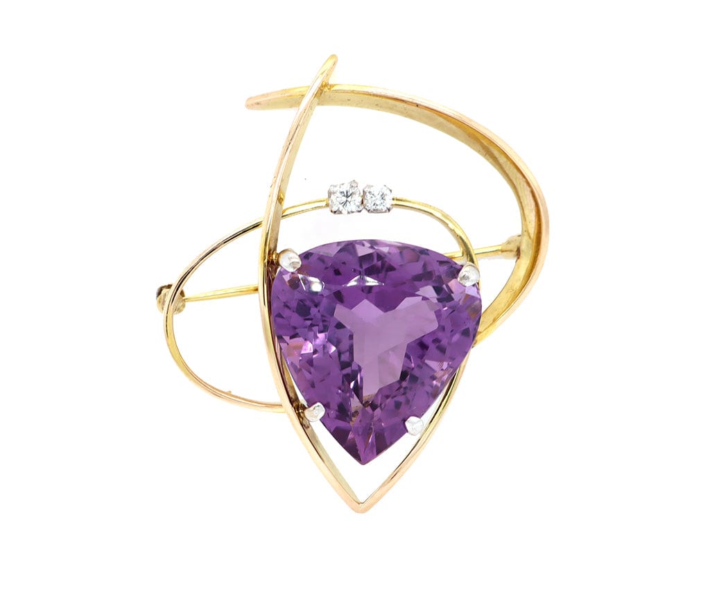 29.0ct Trillion Cut Amethyst and 0.15ctw Diamond Brooch in 14K