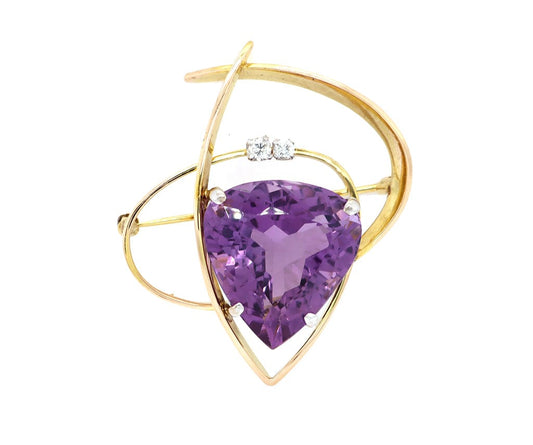 29.0ct Trillion Cut Amethyst and 0.15ctw Diamond Brooch in 14K