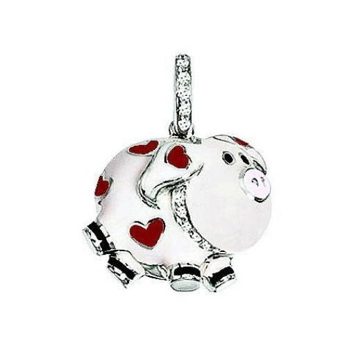 Aaron Basha18K White Gold  Pig Charm with Red Hearts