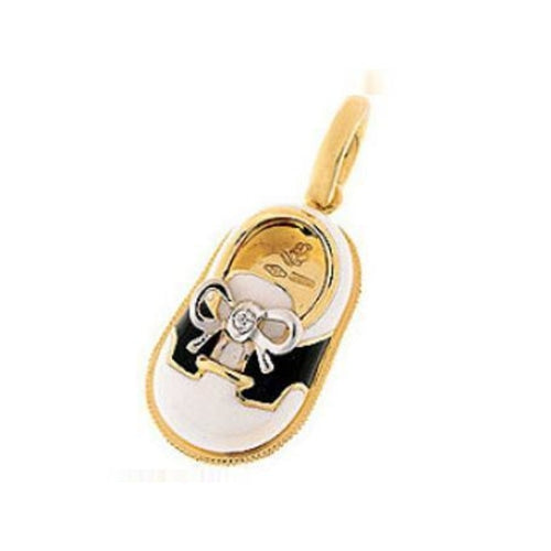 18K Yellow Gold White Baby Shoe Charm with Black Saddle & Diamond Bow