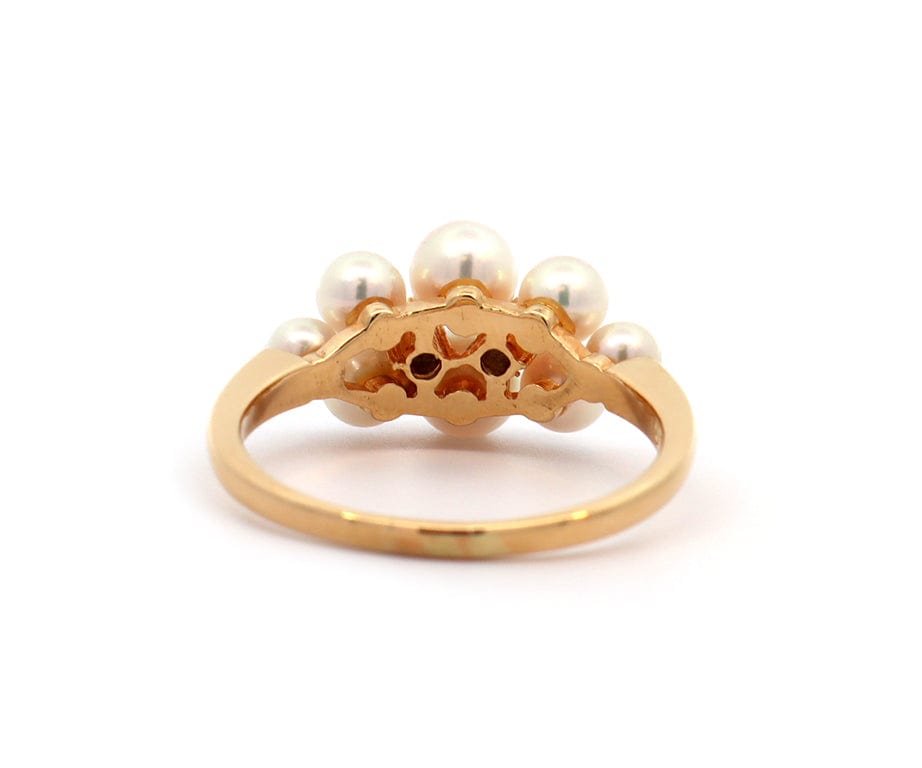 Vintage Mikimoto Cultured Pearl and Diamond Cluster Ring in 18K