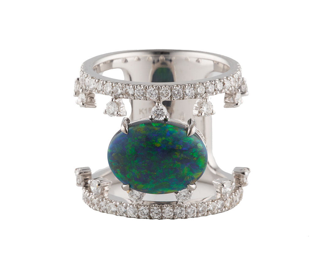 2.87ct Black Opal Cabochon and 1.14ctw Diamond Double Row Ring in 18K