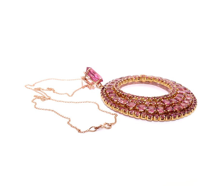 37.93ctw Oval and Round Pink Tourmaline Open Circle Pendant Necklace in 18K