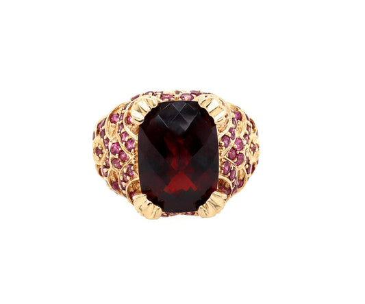 7.0ct Garnet and 1.60ctw Pink Tourmaline Scalloped Cocktail Ring in 14K