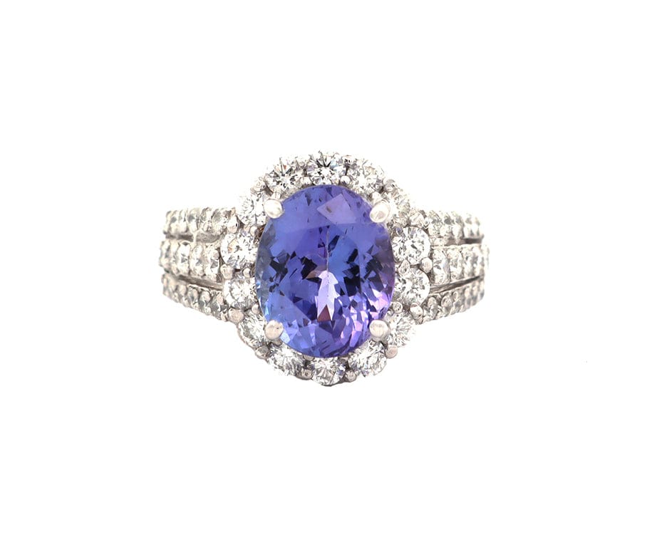 3.00ct Oval Tanzanite and 1.35ctw Diamond Frame Triple Row Ring in 14K