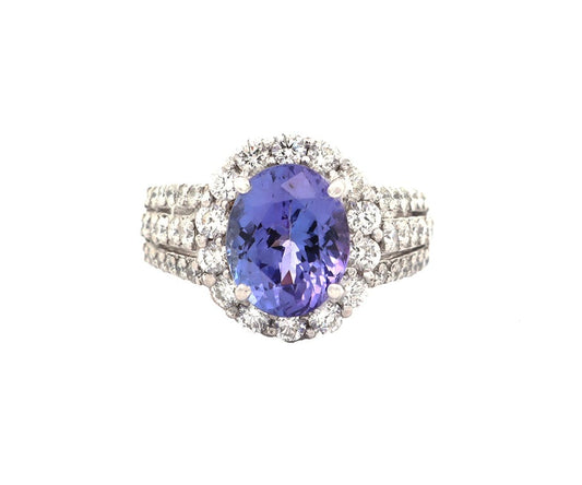 3.00ct Oval Tanzanite and 1.35ctw Diamond Frame Triple Row Ring in 14K