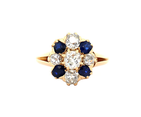 Vintage 1.15ctw European Cut Diamond and 0.65ctw Sapphire Ring in 18K