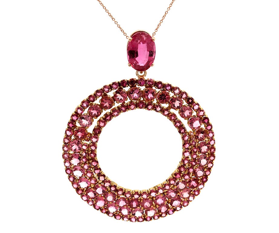 37.93ctw Oval and Round Pink Tourmaline Open Circle Pendant Necklace in 18K