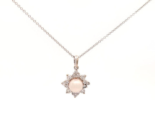 7.00MM Cultured Pearl and 0.45ctw Diamond Starburst Pendant Necklace in 14K