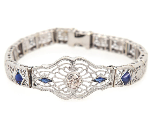 Vintage 0.50ct Old European Cut Diamond and Synthetic Sapphire Bracelet in 14K