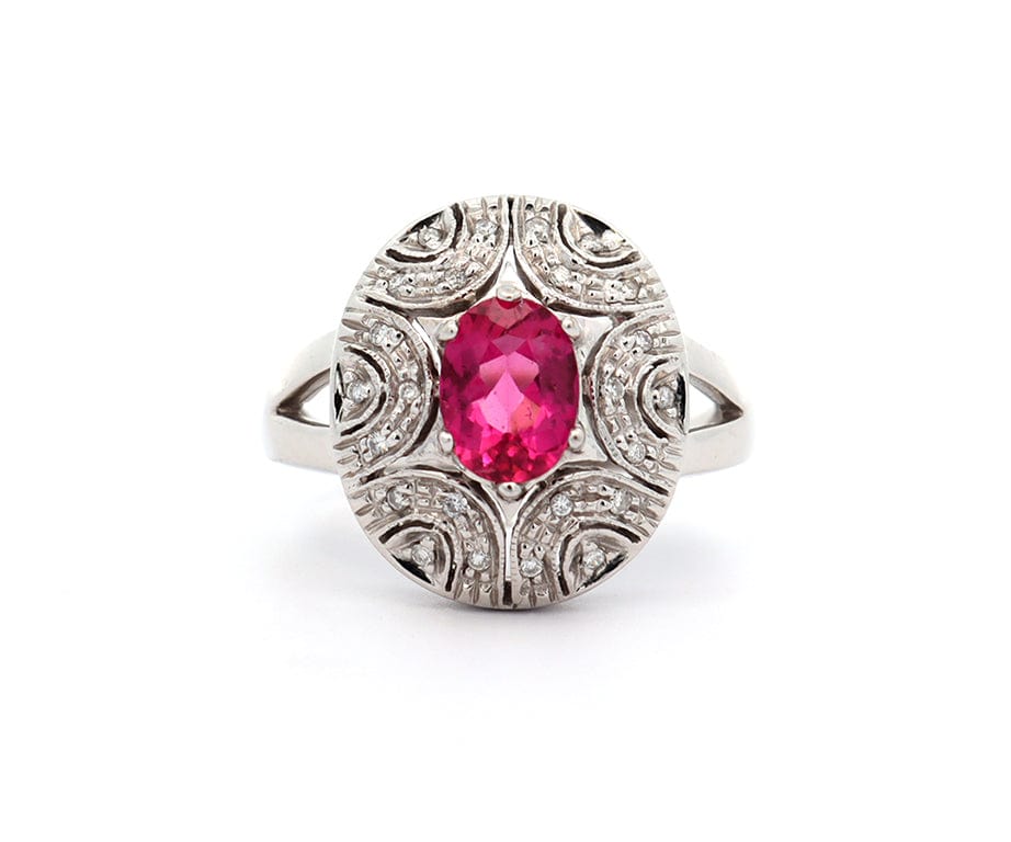 1.35ct Oval Pink Tourmaline and 0.10ctw Diamond Art Nouveau Ring in 14K