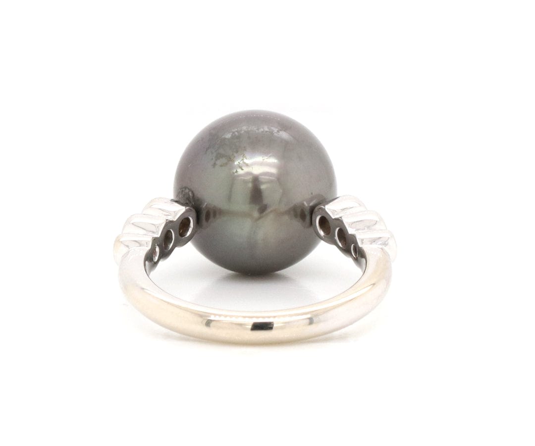 12.50MM Black Tahitian Pearl and 0.15ctw Diamond Bezel Set Ring in 18K