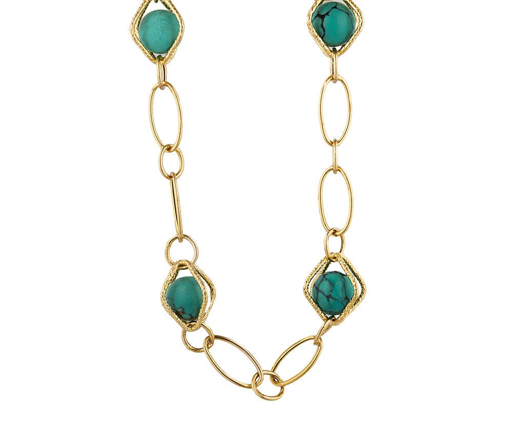 Turquoise Cabochon Beads Station Link Necklace in 14K