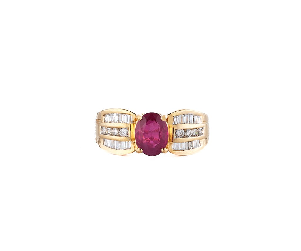 1.39ct Oval Ruby and 0.55ctw Diamond Triple Row Shank Ring in 18K