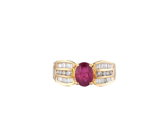 1.39ct Oval Ruby and 0.55ctw Diamond Triple Row Shank Ring in 18K