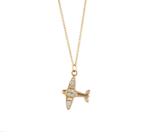 0.20ctw Baguette and Round Diamond Airplane Pendant Necklace in 18K