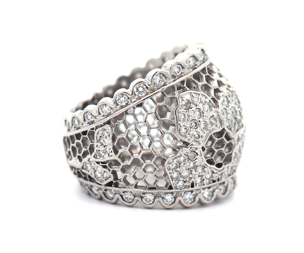 1.00ctw Diamond Flower Honeycomb Wide Band Ring in 18K