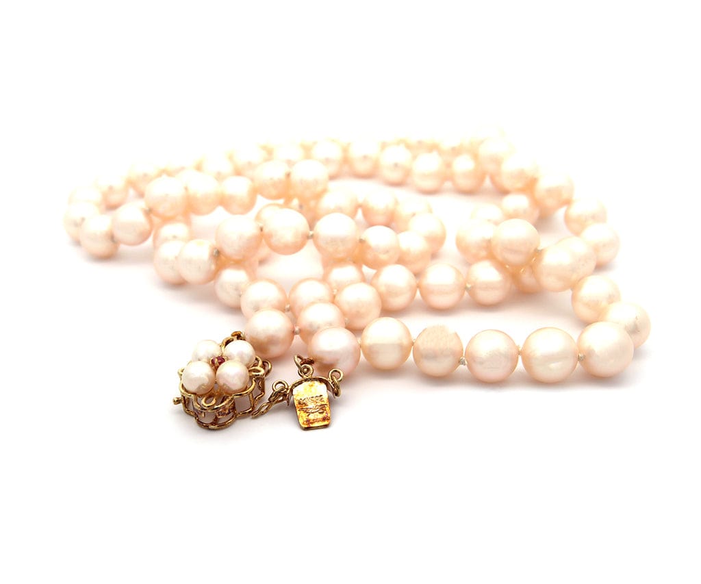 8.0MM Akoya Pearl and Ruby Clasp Strand Necklace in 14K