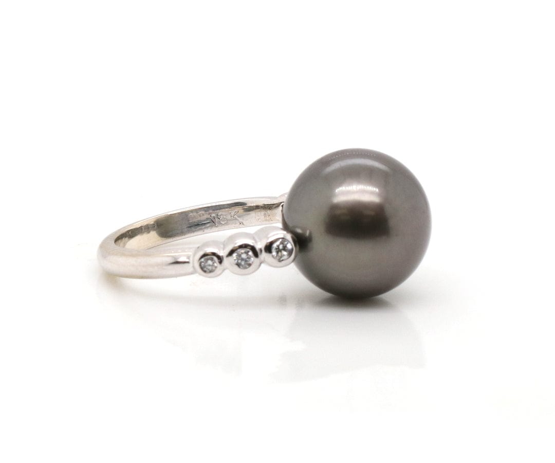 12.50MM Black Tahitian Pearl and 0.15ctw Diamond Bezel Set Ring in 18K