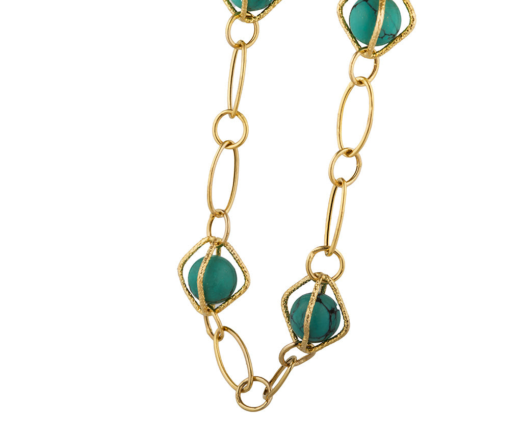 Turquoise Cabochon Beads Station Link Necklace in 14K