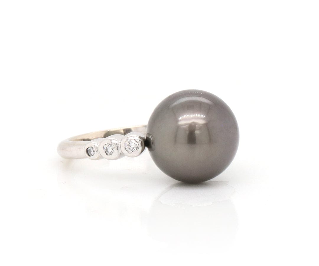 12.50MM Black Tahitian Pearl and 0.15ctw Diamond Bezel Set Ring in 18K