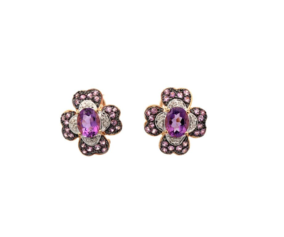 0.25ctw Diamond Amethyst and Pink Sapphire Flower Earrings in 14K