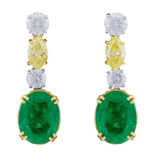 18k Yellow Gold Platinum Natural Colombian Emerald Fancy Color Diamond Earrings