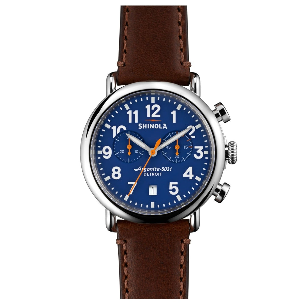 The Runwell Chrono Blue Dial Teak Leather Strap Watch, 41mm - S0110000117