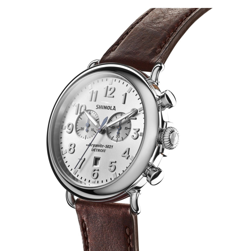 The Runwell Chrono Silver Sunray Dial Brown Leather Watch, 47mm - S0120077936