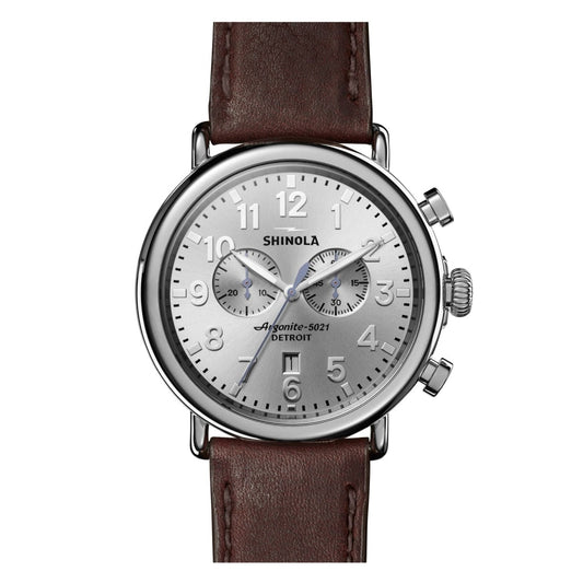 The Runwell Chrono Silver Sunray Dial Brown Leather Watch, 47mm - S0120077936