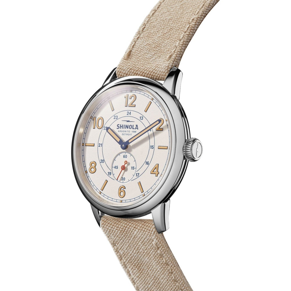 The Traveler Subsecond Alabaster Textured Dial Dune Canvas Strap Watch, 42mm - S0120247331