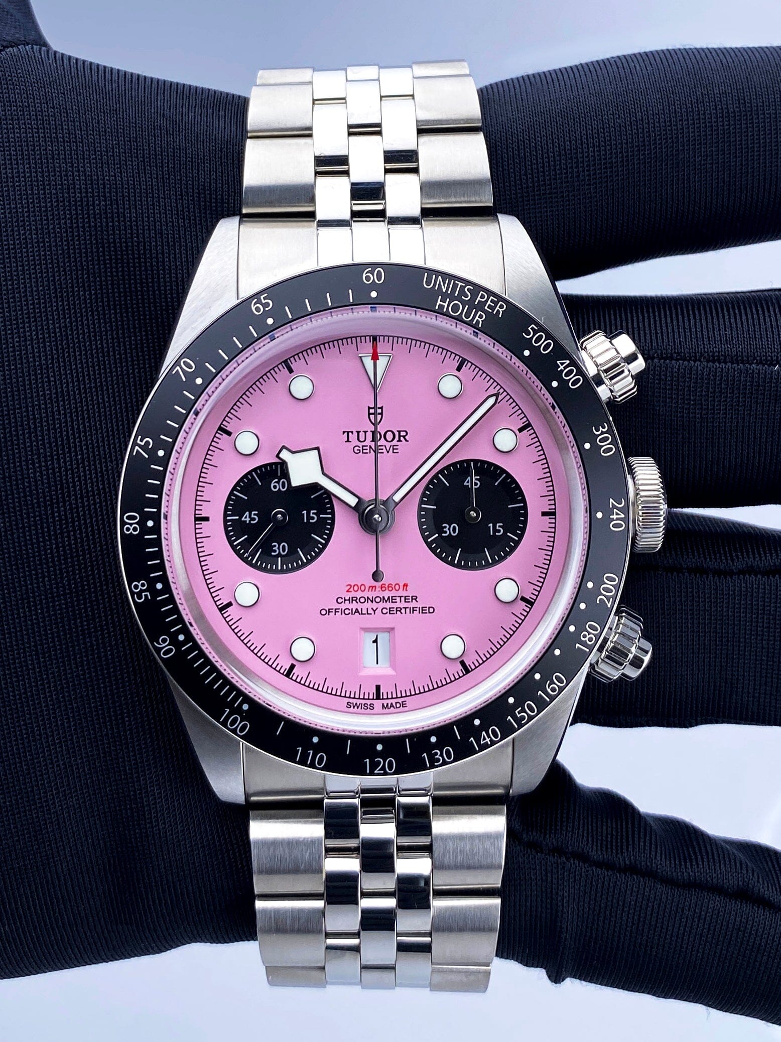 Tudor Black Bay Chrono 79360N Pink Dial Mens Watch Box Papers