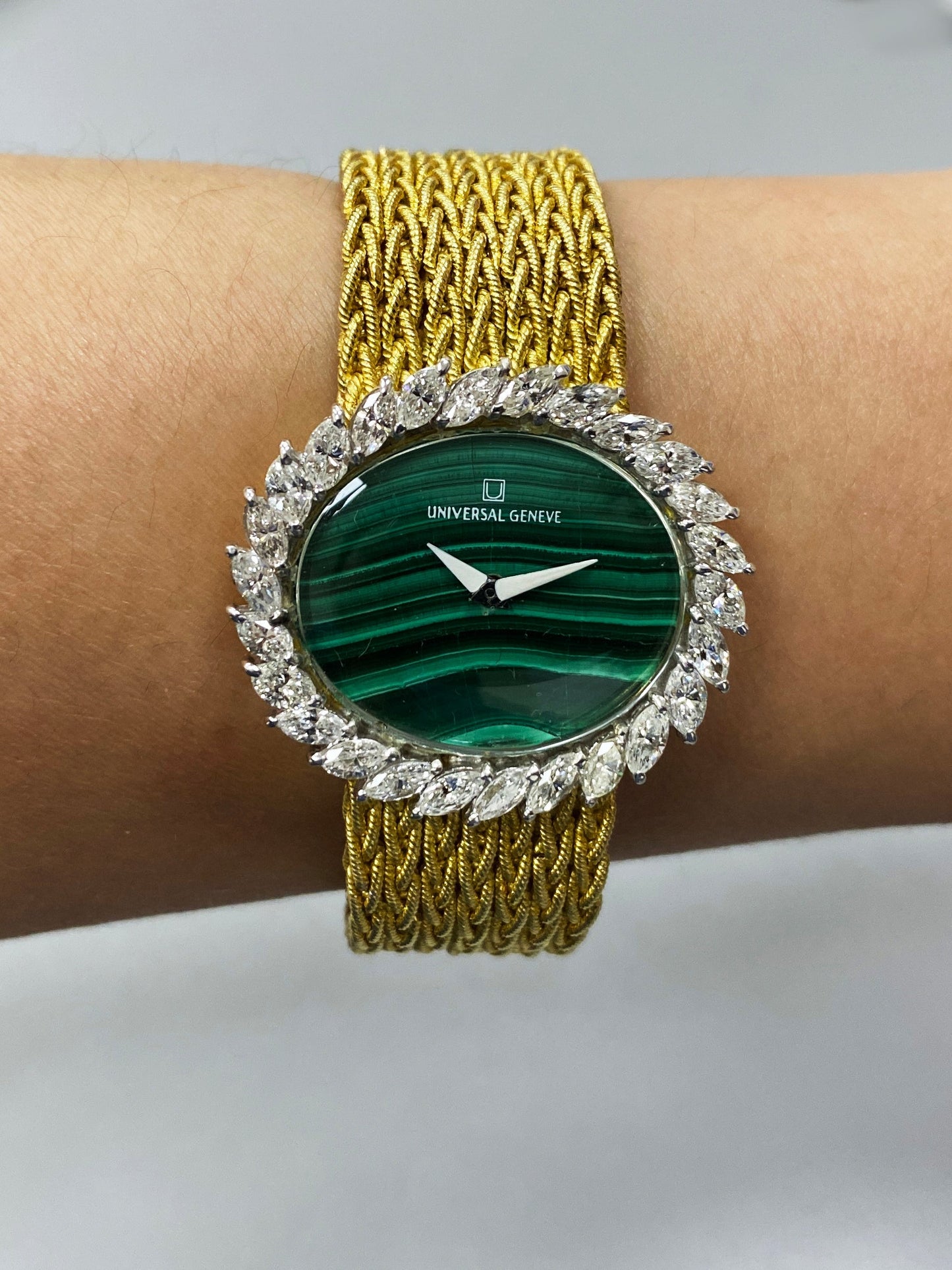 Universal Malachite Dial Diamond Bezel & 18K Yellow Gold Ladies Watch