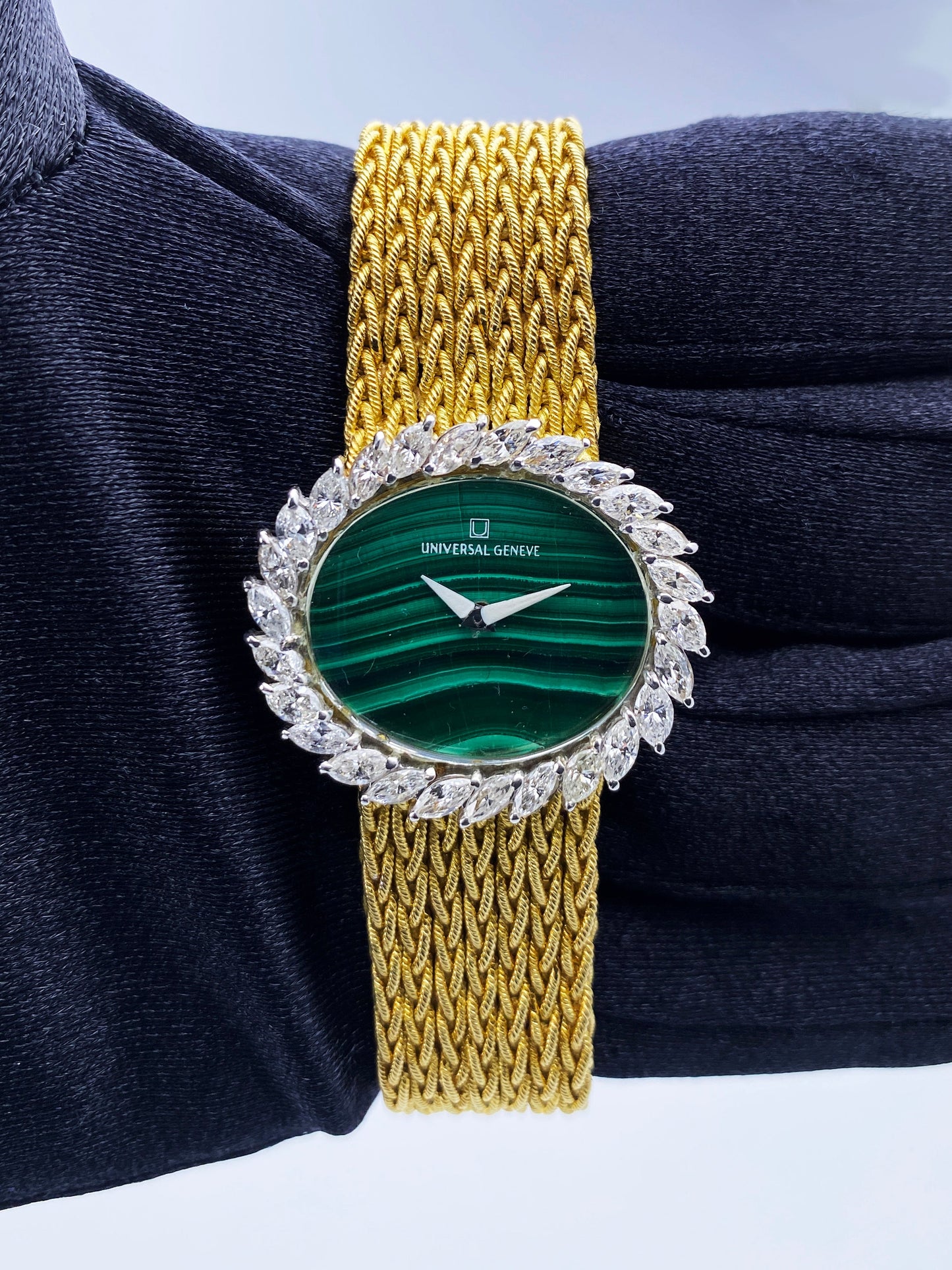 Universal Malachite Dial Diamond Bezel & 18K Yellow Gold Ladies Watch