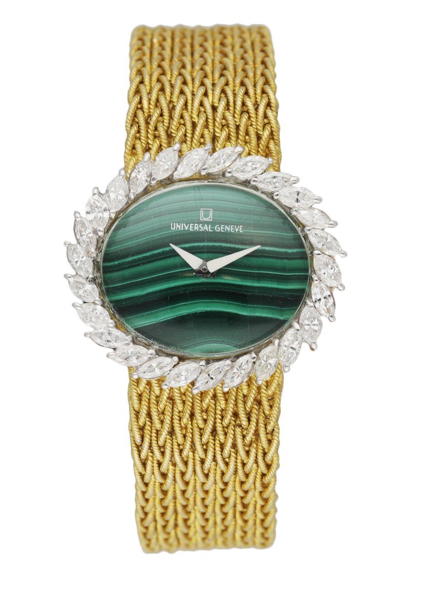 Universal Malachite Dial Diamond Bezel & 18K Yellow Gold Ladies Watch