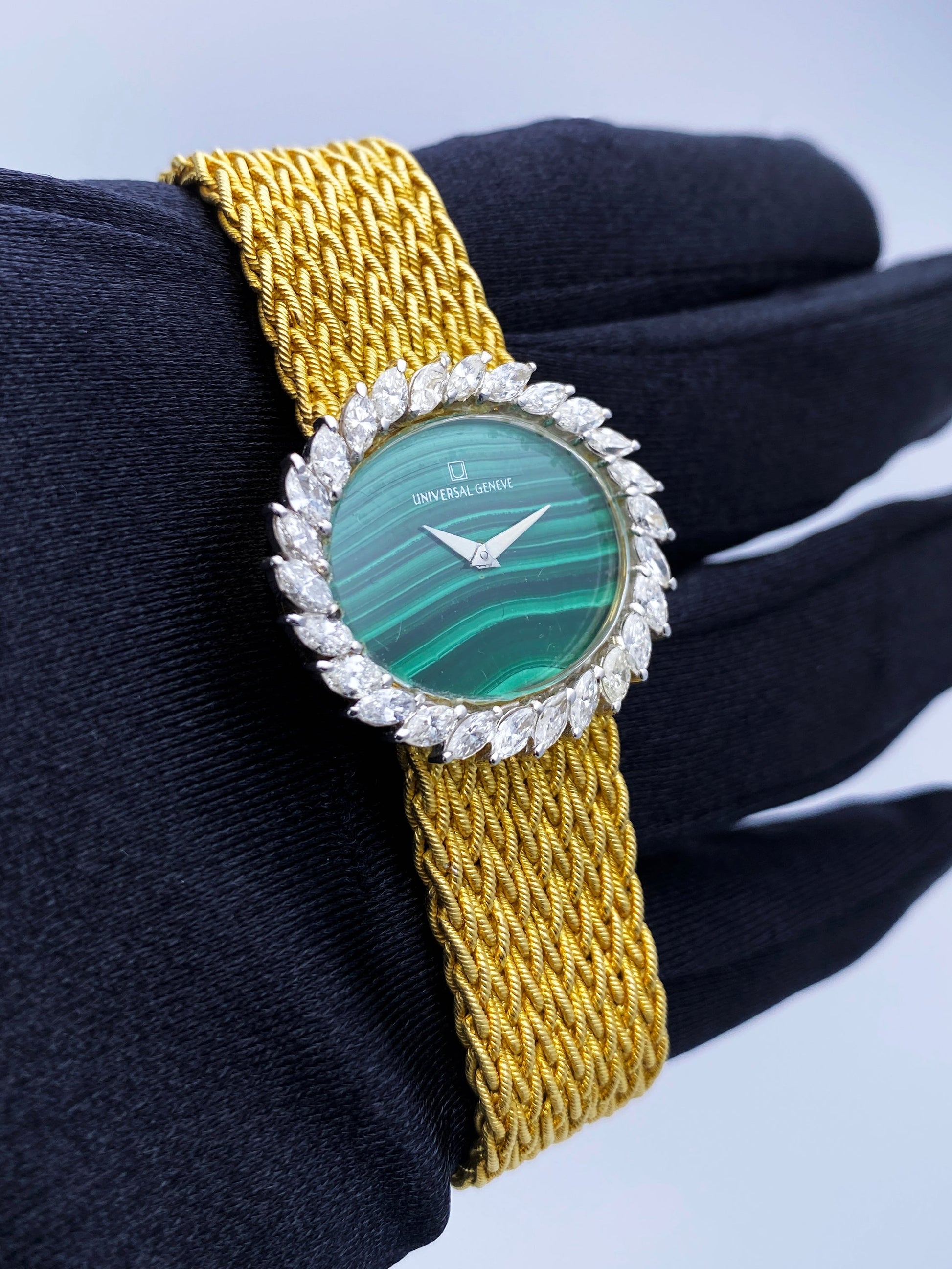 Universal Malachite Dial Diamond Bezel & 18K Yellow Gold Ladies Watch